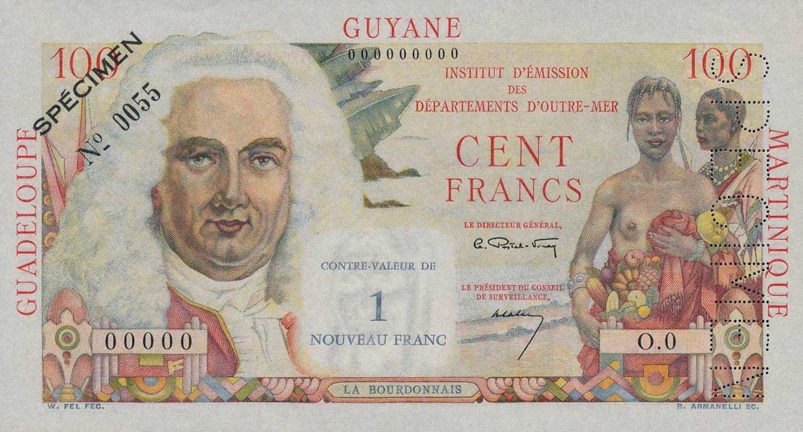 Front of French Antilles p1s: 1 Nouveaux Franc from 1961