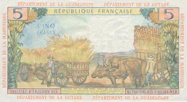 Back of French Antilles p7b: 5 Francs from 1984