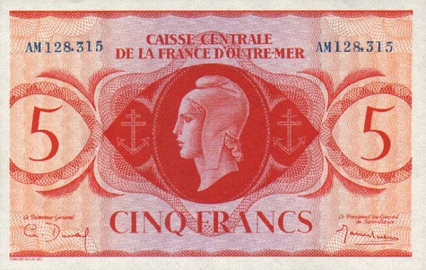Front of French Equatorial Africa p15a: 5 Francs from 1944