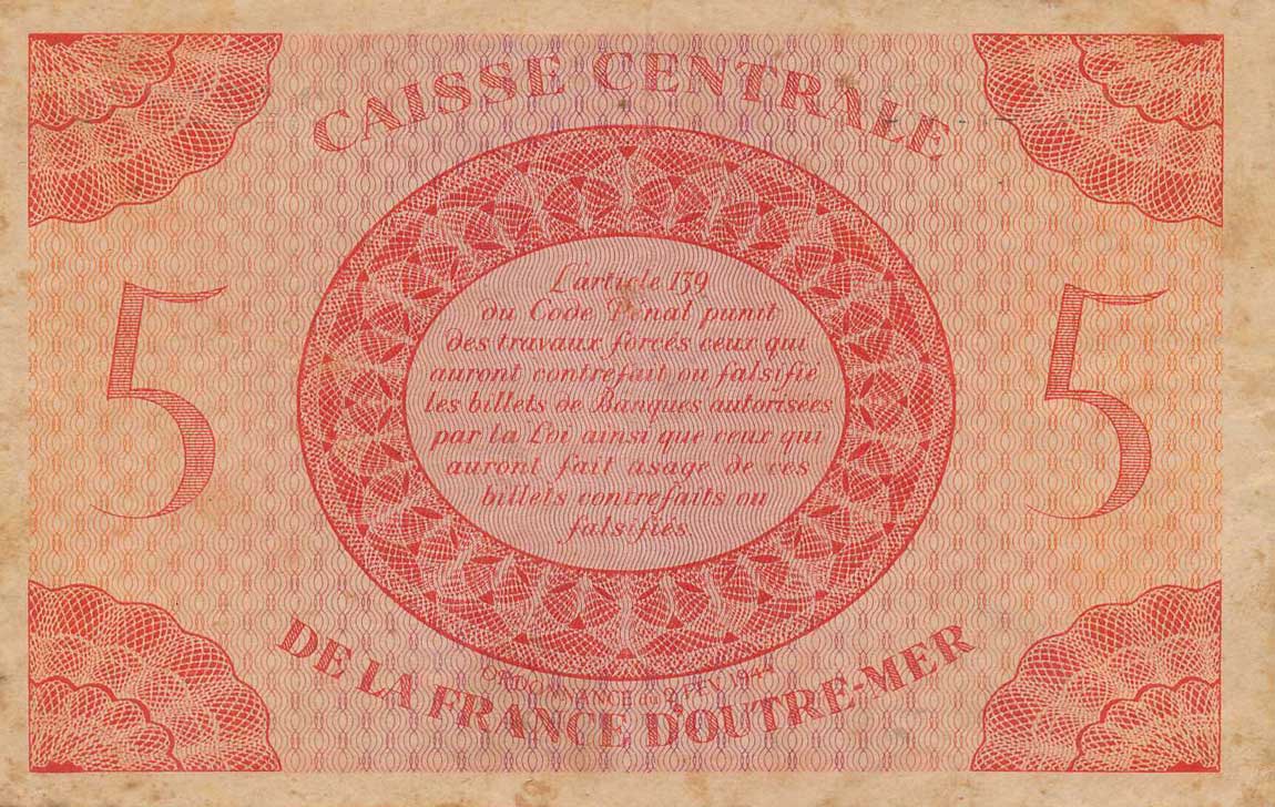 Back of French Equatorial Africa p15f: 5 Francs from 1944
