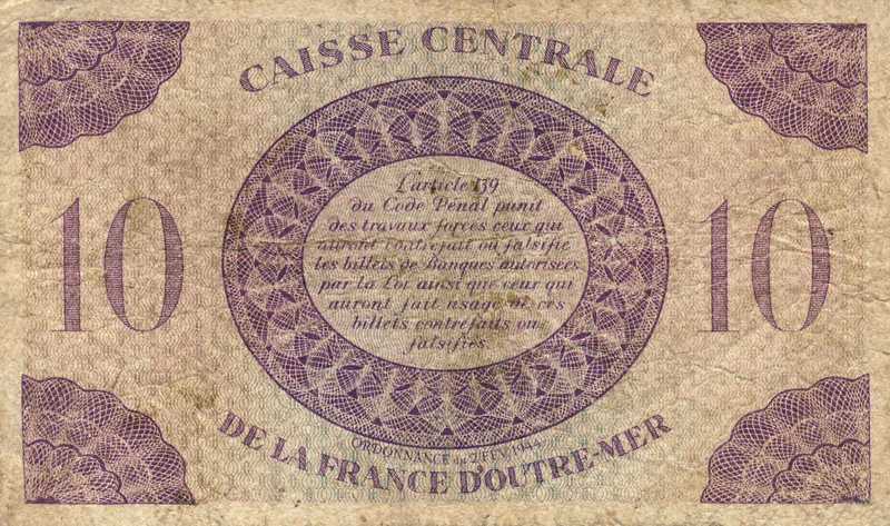 Back of French Equatorial Africa p16a: 10 Francs from 1944