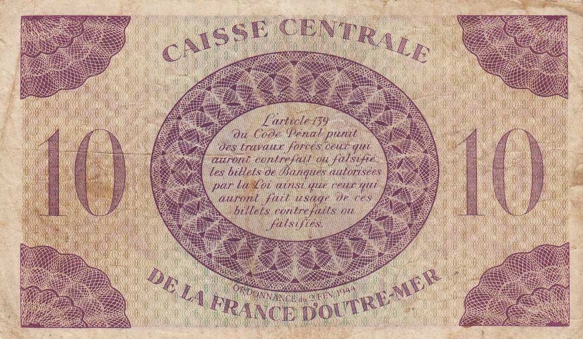 Back of French Equatorial Africa p16b: 10 Francs from 1944