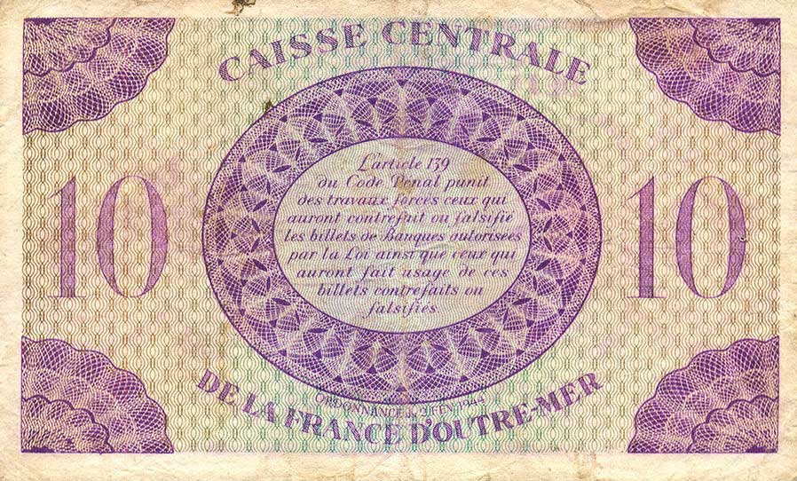 Back of French Equatorial Africa p16e: 10 Francs from 1944