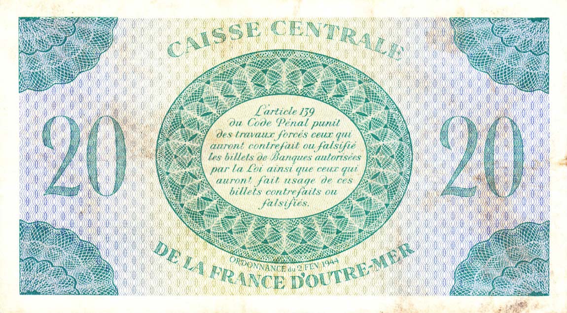 Back of French Equatorial Africa p17a: 20 Francs from 1944