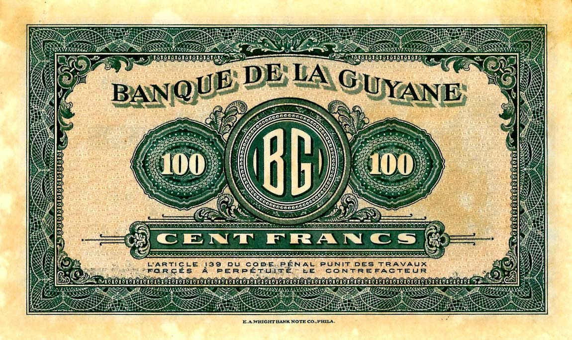 Back of French Guiana p13a: 100 Francs from 1942