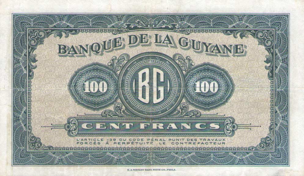 Back of French Guiana p13b: 100 Francs from 1942