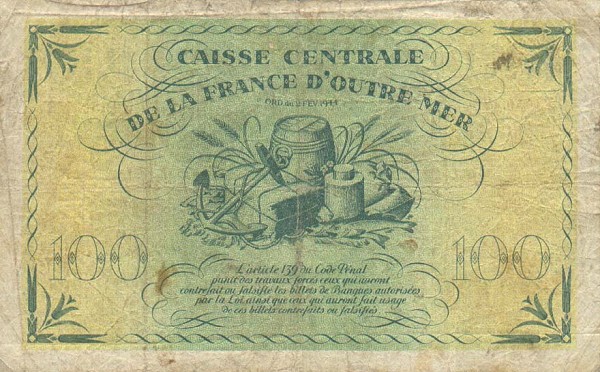 Back of French Guiana p17a: 100 Francs from 1944