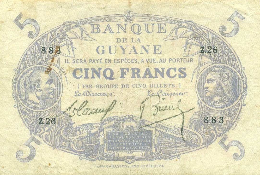 Front of French Guiana p1b: 5 Francs from 1933