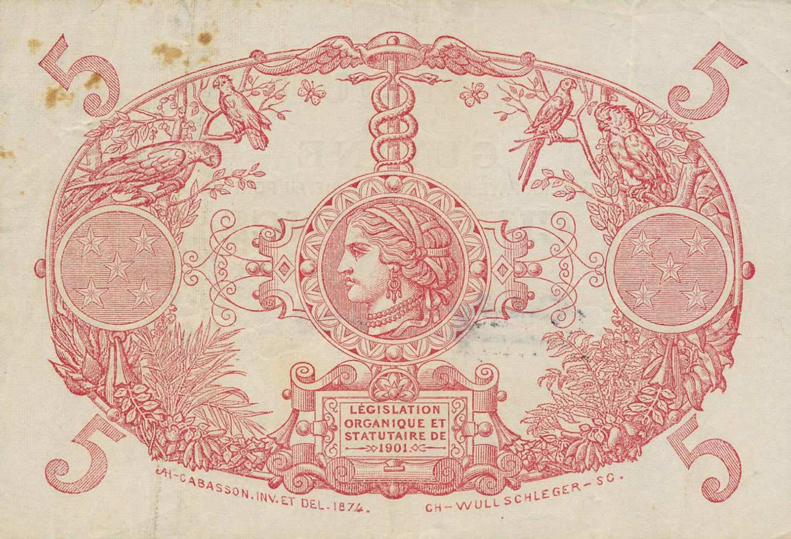 Back of French Guiana p1c: 5 Francs from 1939