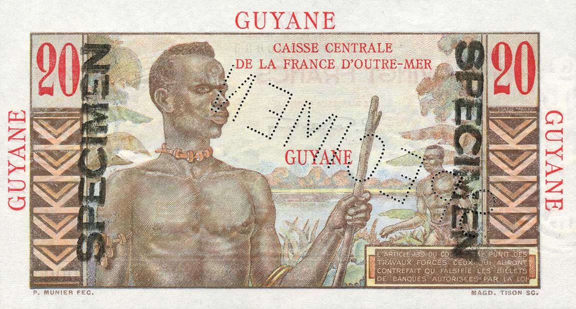 Back of French Guiana p21s: 20 Francs from 1947