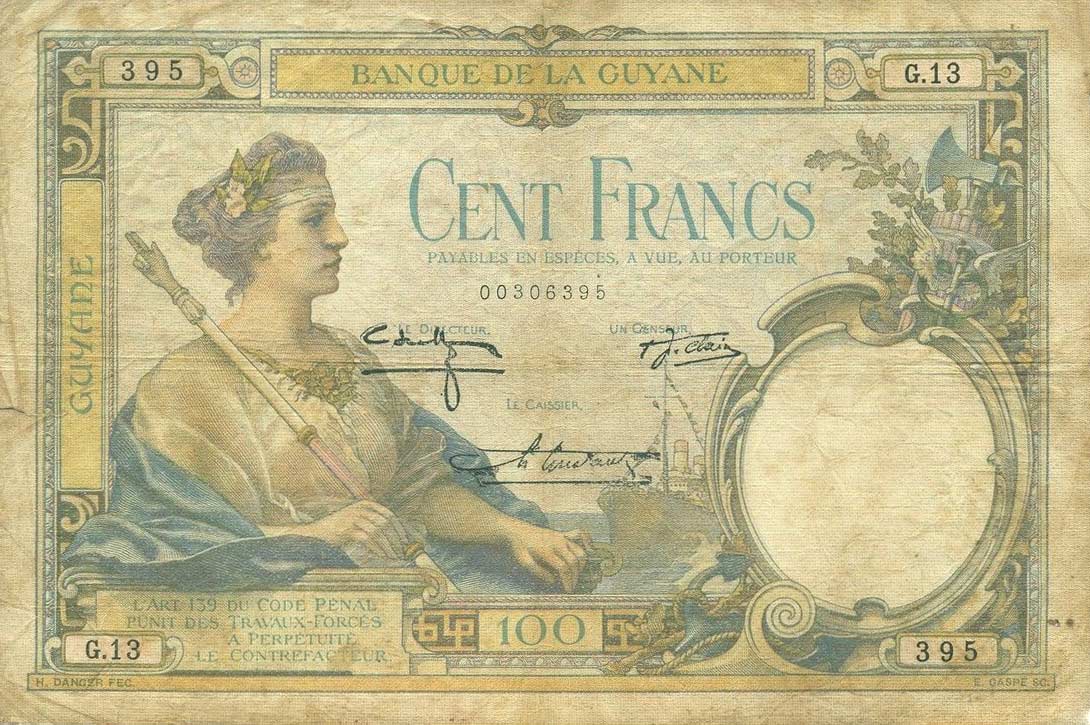 Front of French Guiana p8: 100 Francs from 1933