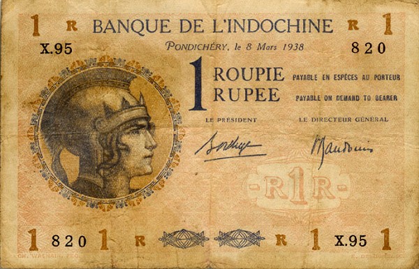 Front of French India p4d: 1 Roupie from 1936