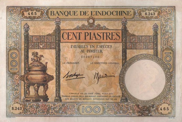 Front of French Indo-China p51d: 100 Piastres from 1936