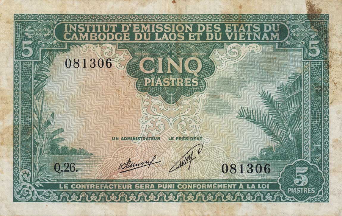 Front of French Indo-China p101a: 5 Piastres from 1953
