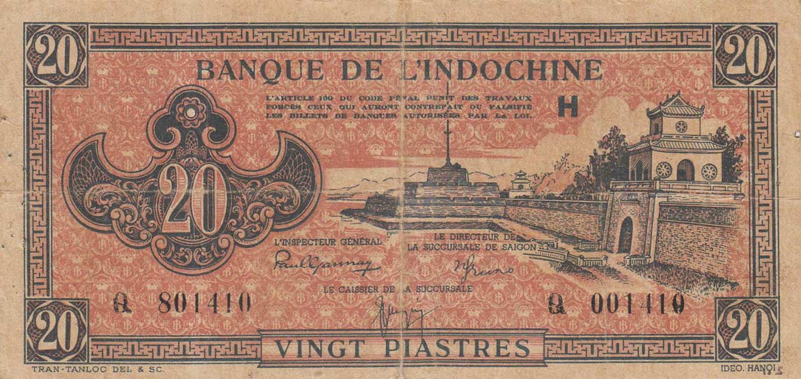 Front of French Indo-China p72: 20 Piastres from 1942