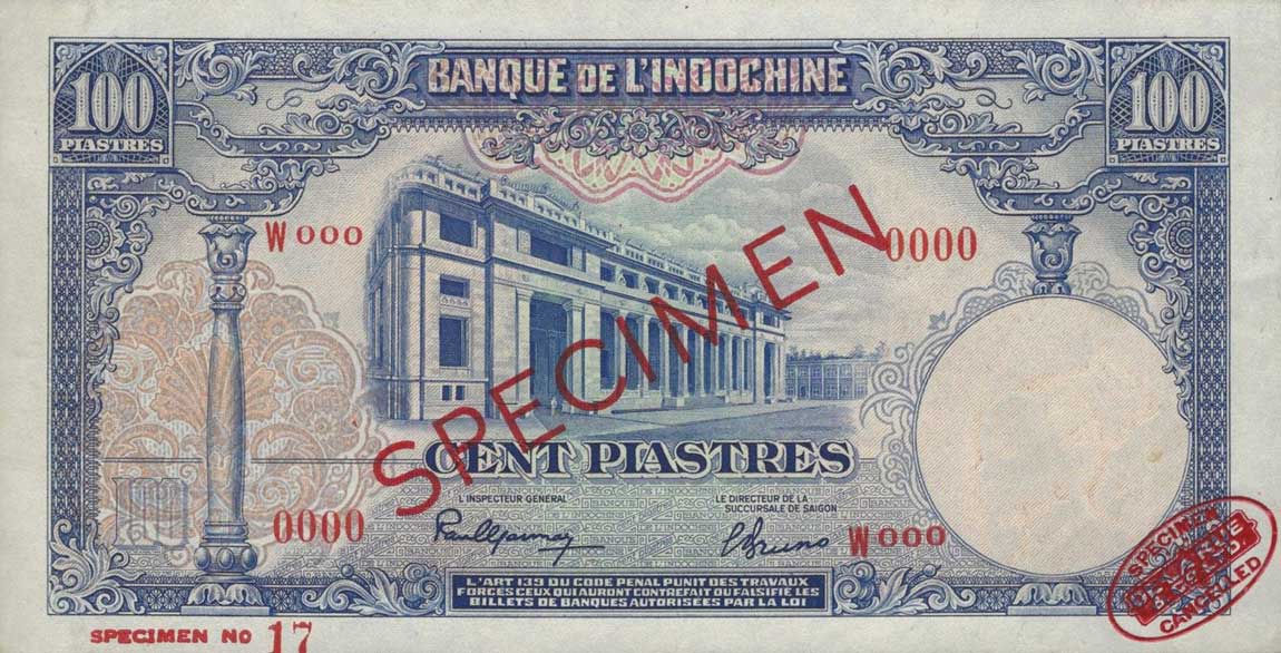 Front of French Indo-China p79s: 100 Piastres from 1946