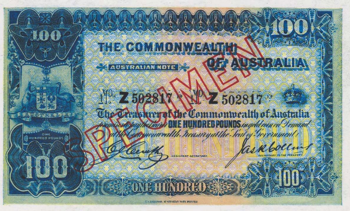 Front of Australia p9s: 100 Pounds from 1918