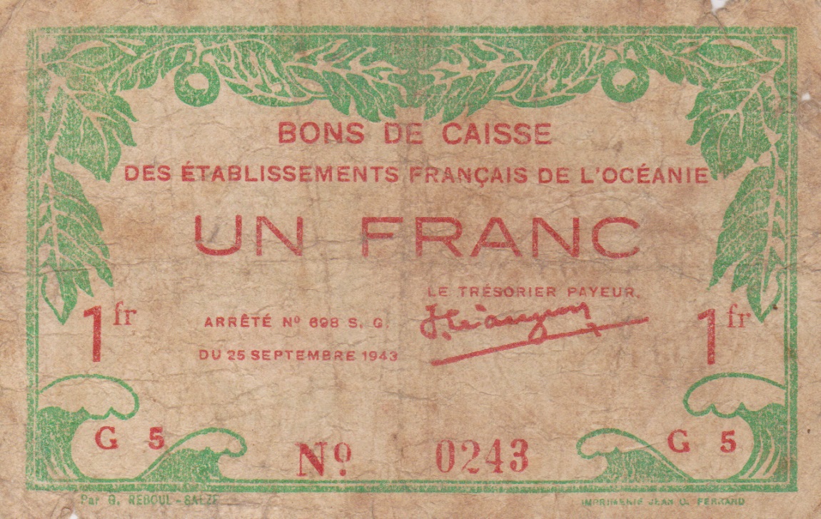 Front of French Oceania p11c: 1 Franc from 1943