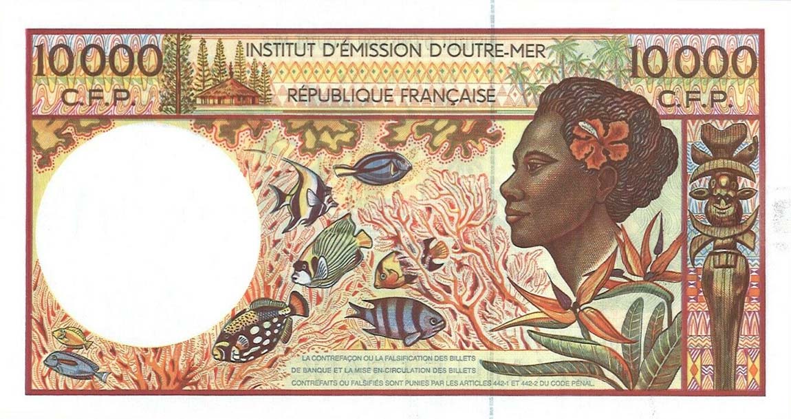Back of French Pacific Territories p4g: 10000 Francs from 1985