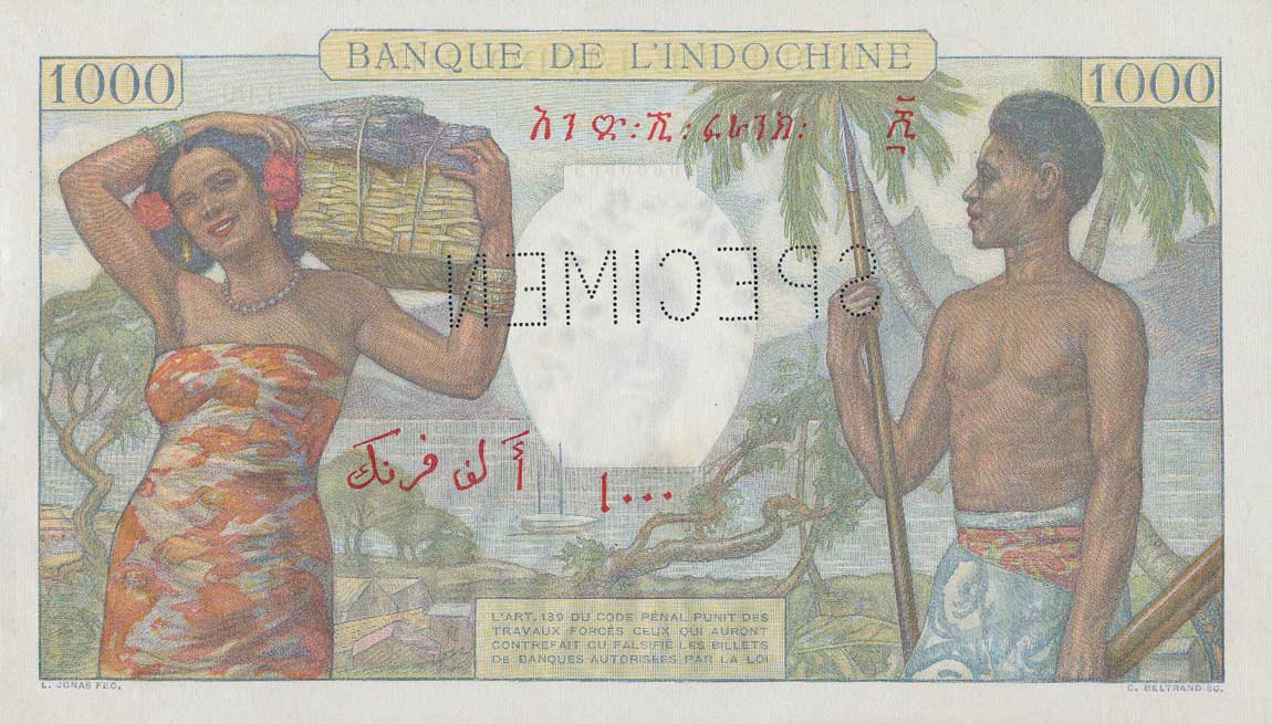 Back of French Somaliland p10s: 1000 Francs from 1938