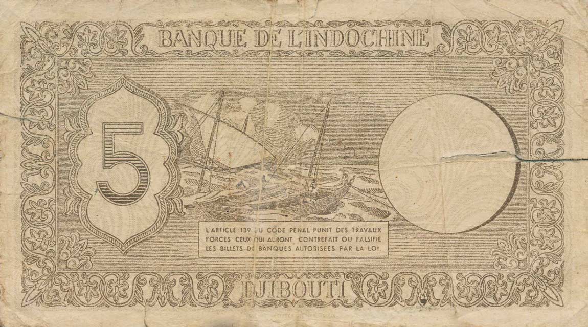 Back of French Somaliland p14: 5 Francs from 1945