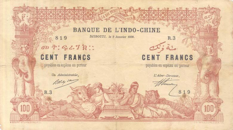 Front of French Somaliland p5: 100 Francs from 1920