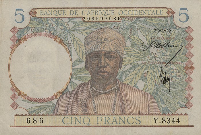 Front of French West Africa p25: 5 Francs from 1941