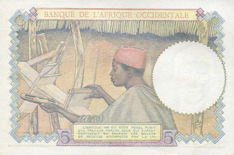 Back of French West Africa p26: 5 Francs from 1943