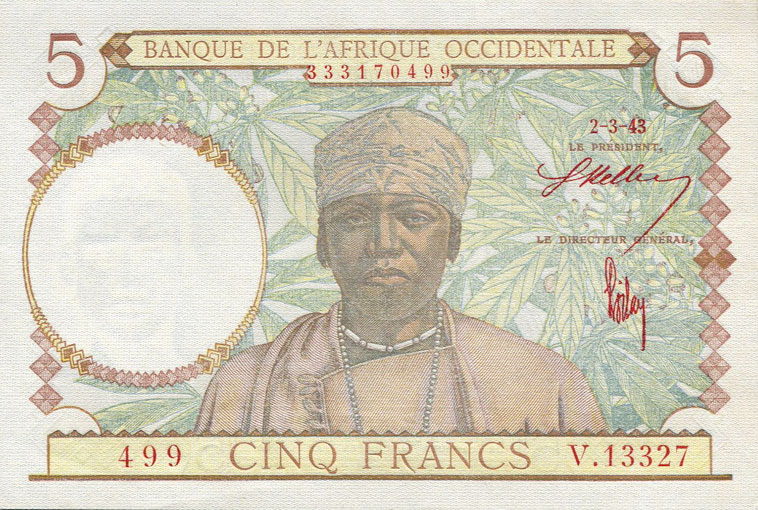 Front of French West Africa p26: 5 Francs from 1943