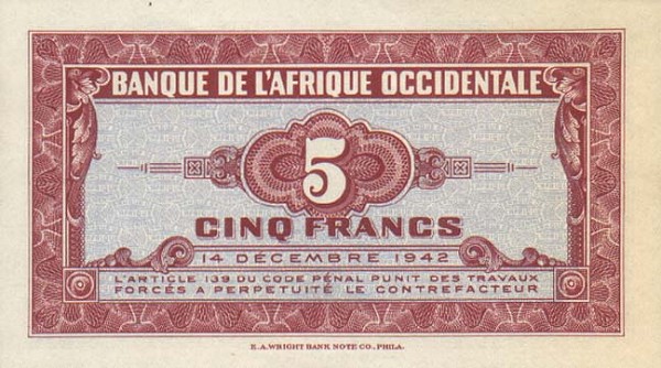 Back of French West Africa p28a: 5 Francs from 1942