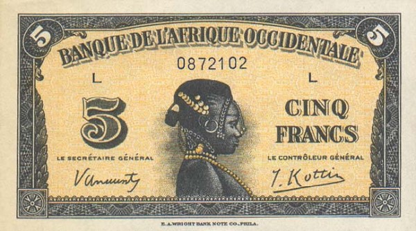 Front of French West Africa p28a: 5 Francs from 1942