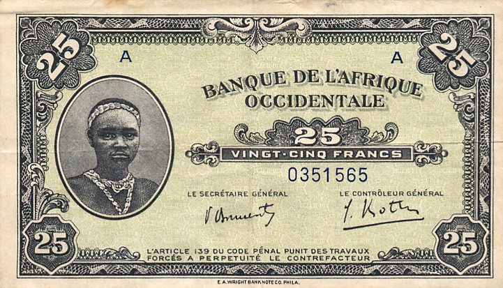 Front of French West Africa p30a: 25 Francs from 1942