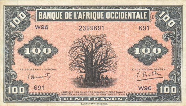 Front of French West Africa p31a: 100 Francs from 1942