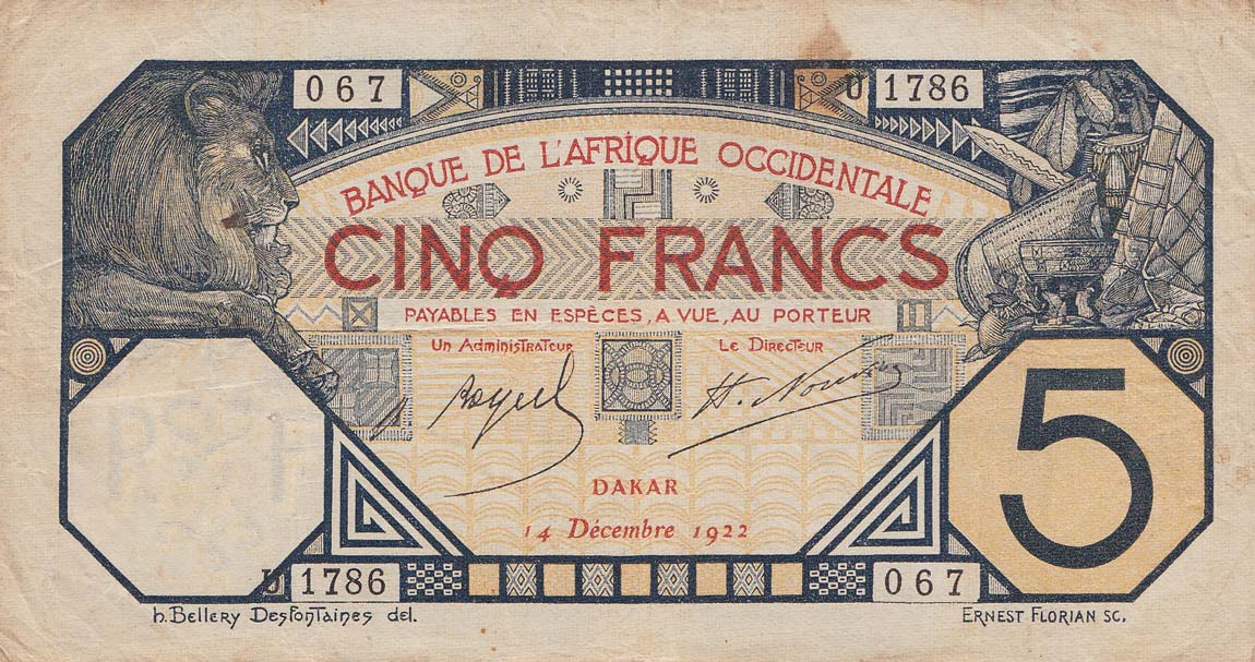 Front of French West Africa p5Bb: 5 Francs from 1922