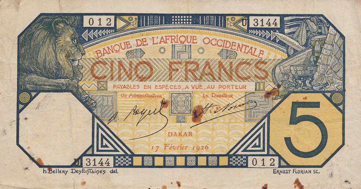 Front of French West Africa p5Bc: 5 Francs from 1925