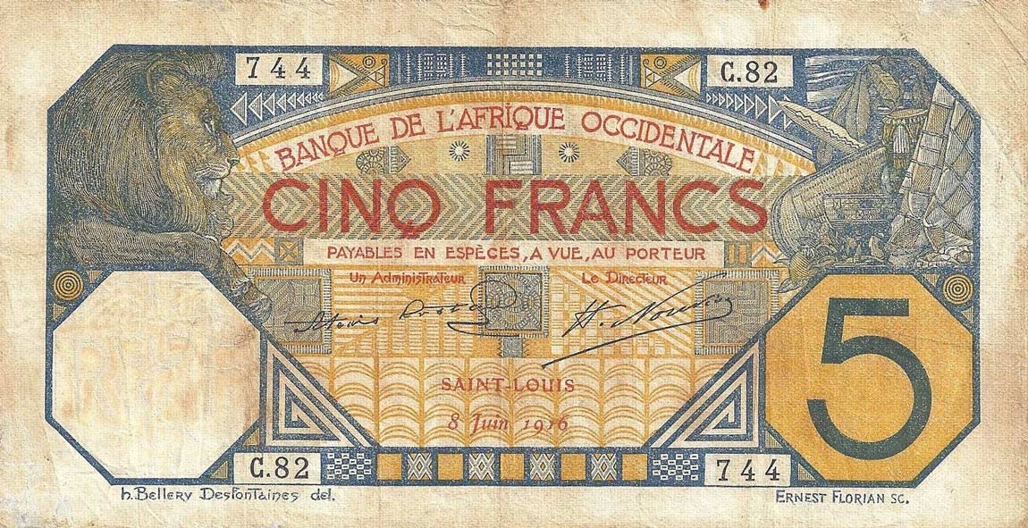 Front of French West Africa p5Fb: 5 Francs from 1916