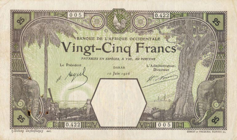 Front of French West Africa p7Bc: 25 Francs from 1926