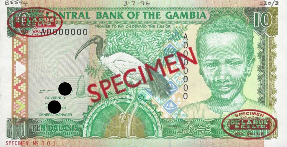 Front of Gambia p17s: 10 Dalasis from 1996