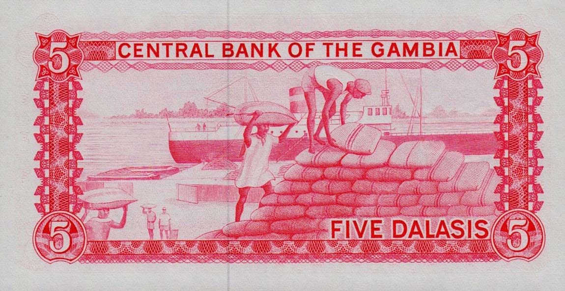 Back of Gambia p5d: 5 Dalasis from 1972