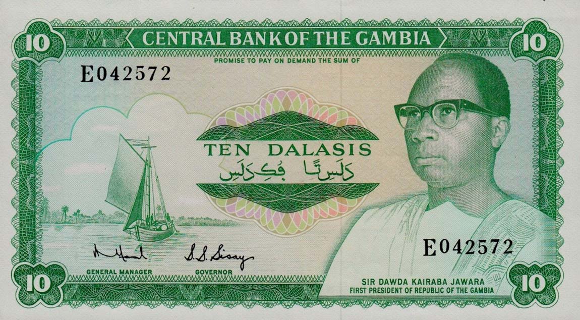 Front of Gambia p6b: 10 Dalasis from 1972