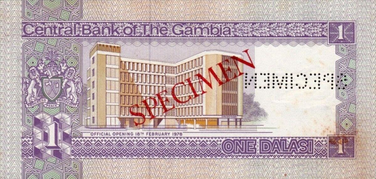 Back of Gambia p8s: 1 Dalasi from 1978