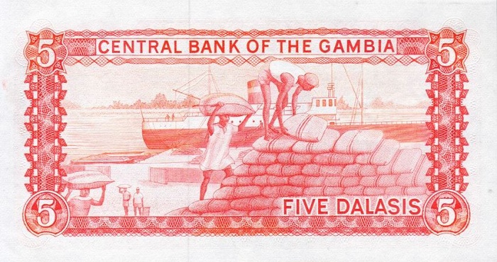 Back of Gambia p9b: 5 Dalasis from 1987