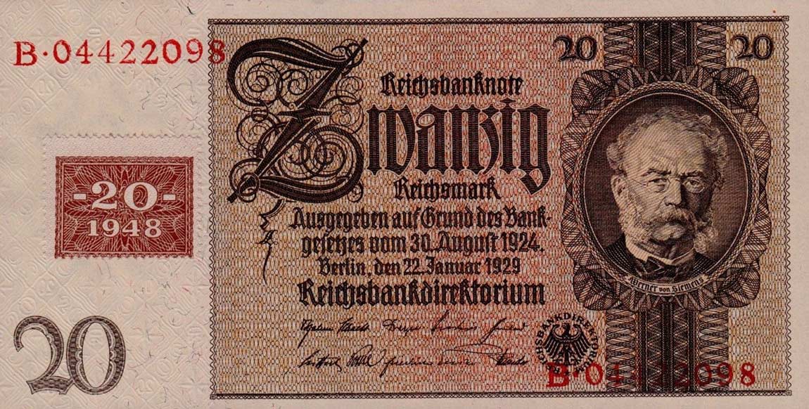 Front of German Democratic Republic p5b: 20 Deutsche Mark from 1948