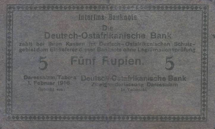 Front of German East Africa p36c: 5 Rupien from 1916