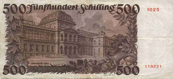 Back of Austria p134a: 500 Schilling from 1953