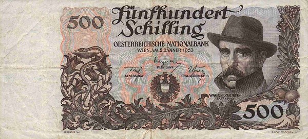 Front of Austria p134a: 500 Schilling from 1953