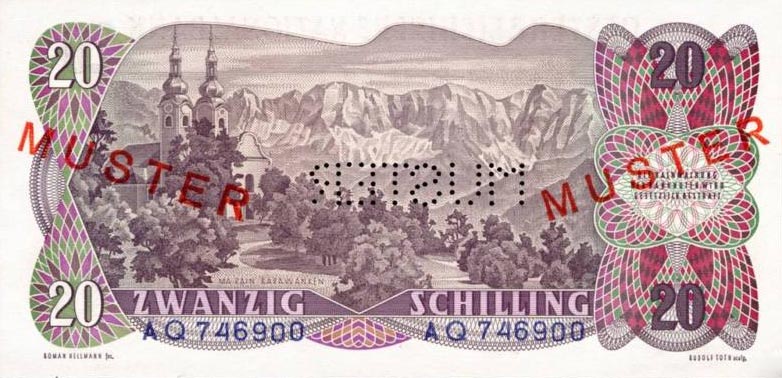 Back of Austria p136s: 20 Schilling from 1956