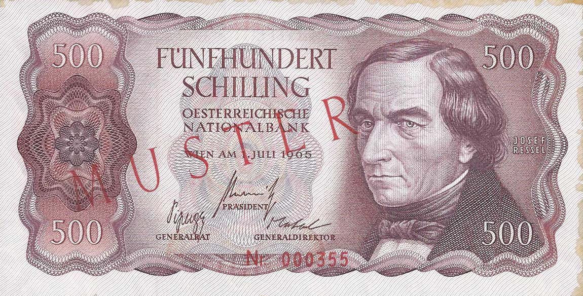 Front of Austria p139s: 500 Schilling from 1965