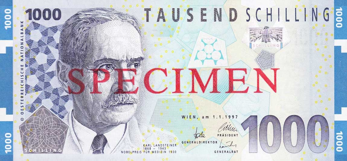 Front of Austria p155s: 1000 Schilling from 1997