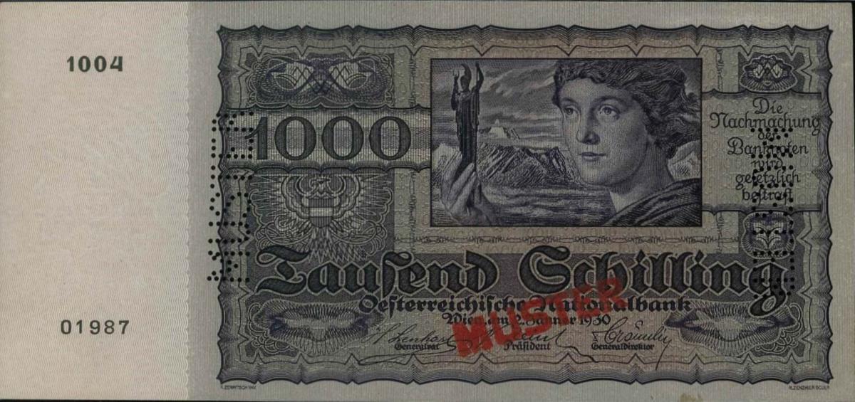 Front of Austria p98s: 1000 Schilling from 1930